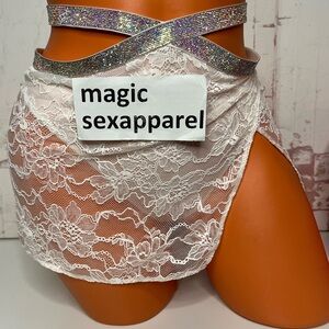VS XS S M L XL SHINE STRAP MINI SKIRT PANTY CRYSTALS RHINESTONES FLORAL LACE